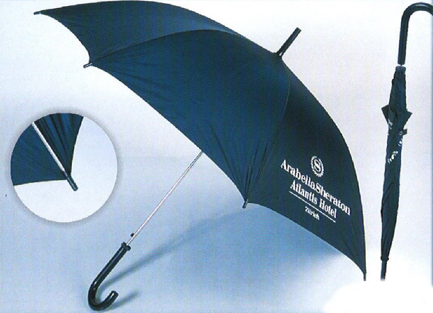Regenschirm, mit Kunststoff-Rundhandgriff, Automatiköffnung, Metallteile verchromt, Kunststoffspitze & Kunststoff-Endrippen-Tips, Kunststoff-Farbe wählbar, Bespannung: Hochwertiges Pongee-Material, Masse: 83.5cm lang, Ø102cm